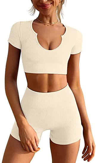 LNSK Women’s Workout Outfits Seamless Ribbed Running Yoga Two Piece Crop Top Gym High Waist Sport Shorts Sets