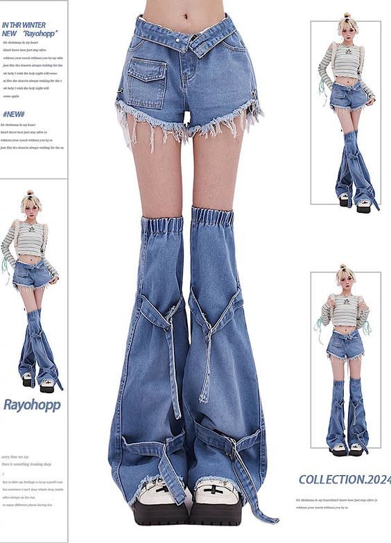 [Rayohopp] Short sleeve plus flare leg warmer denim pants RH0101