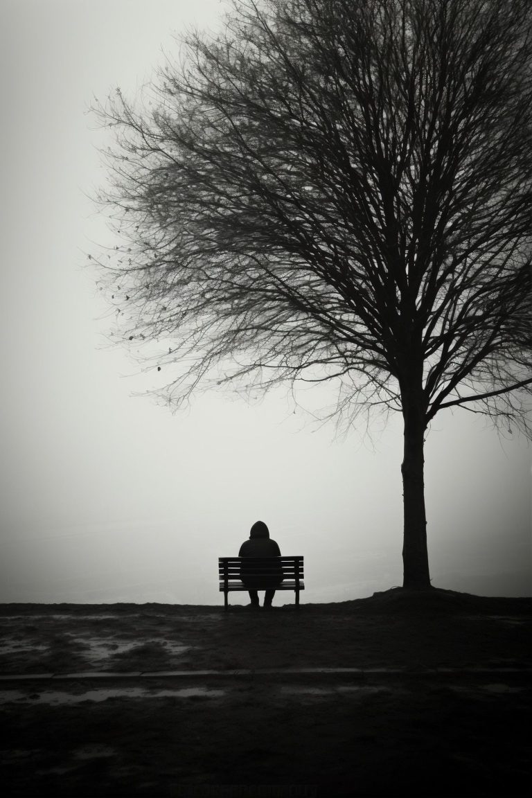 Depressed person sitting alone on bench | AI-generated image Depressed person sitting alone on bench | AI-generated image