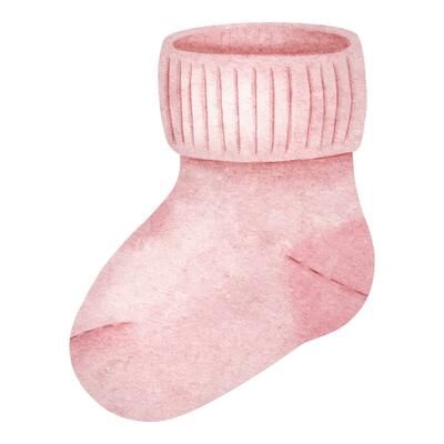 Baby’s sock for girls. Cute pink booties for infant girl. Newborn clothes. Watercolor illustration. Isolated invitations, baby shower, greeting cards, prints, posters, stickers, packaging