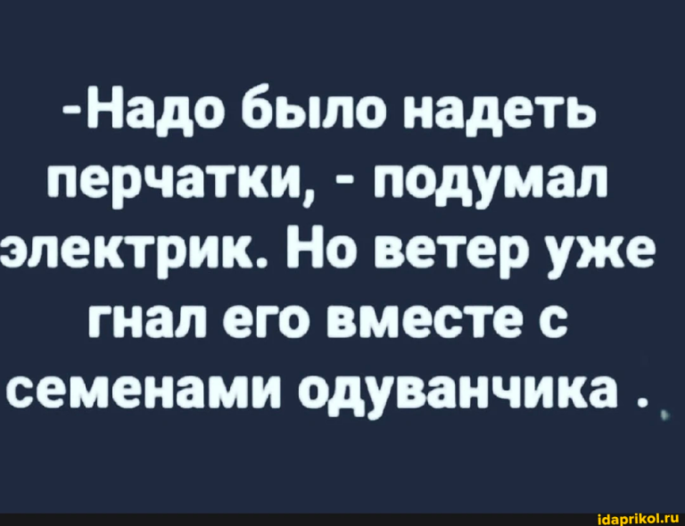 -Надо было надеть перчатки, – подумал электрик. Но ветер уже гнал его вместе с семенами одуванчика – АйДаПрикол -Надо было надеть перчатки, – подумал электрик. Но ветер уже гнал его вместе с семенами одуванчика – АйДаПрикол