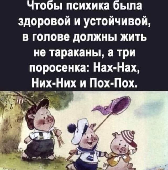 Чтобы психика была здоровой и устойчивой, в голове должны жить не тараканы, а три поросенка: Нах-… Чтобы психика была здоровой и устойчивой, в голове должны жить не тараканы, а три поросенка: Нах-…