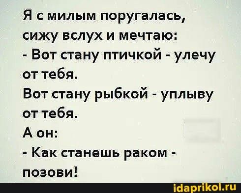 Я смилым поругалась, сижу вслух и мечтаю: Вот стану птичкой улечу от тебя. Вот стану рыбкой уплыву от тебя. Как станешь раком позови! – АйДаПрикол Я смилым поругалась, сижу вслух и мечтаю: Вот стану птичкой улечу от тебя. Вот стану рыбкой уплыву от тебя. Как станешь раком позови! – АйДаПрикол