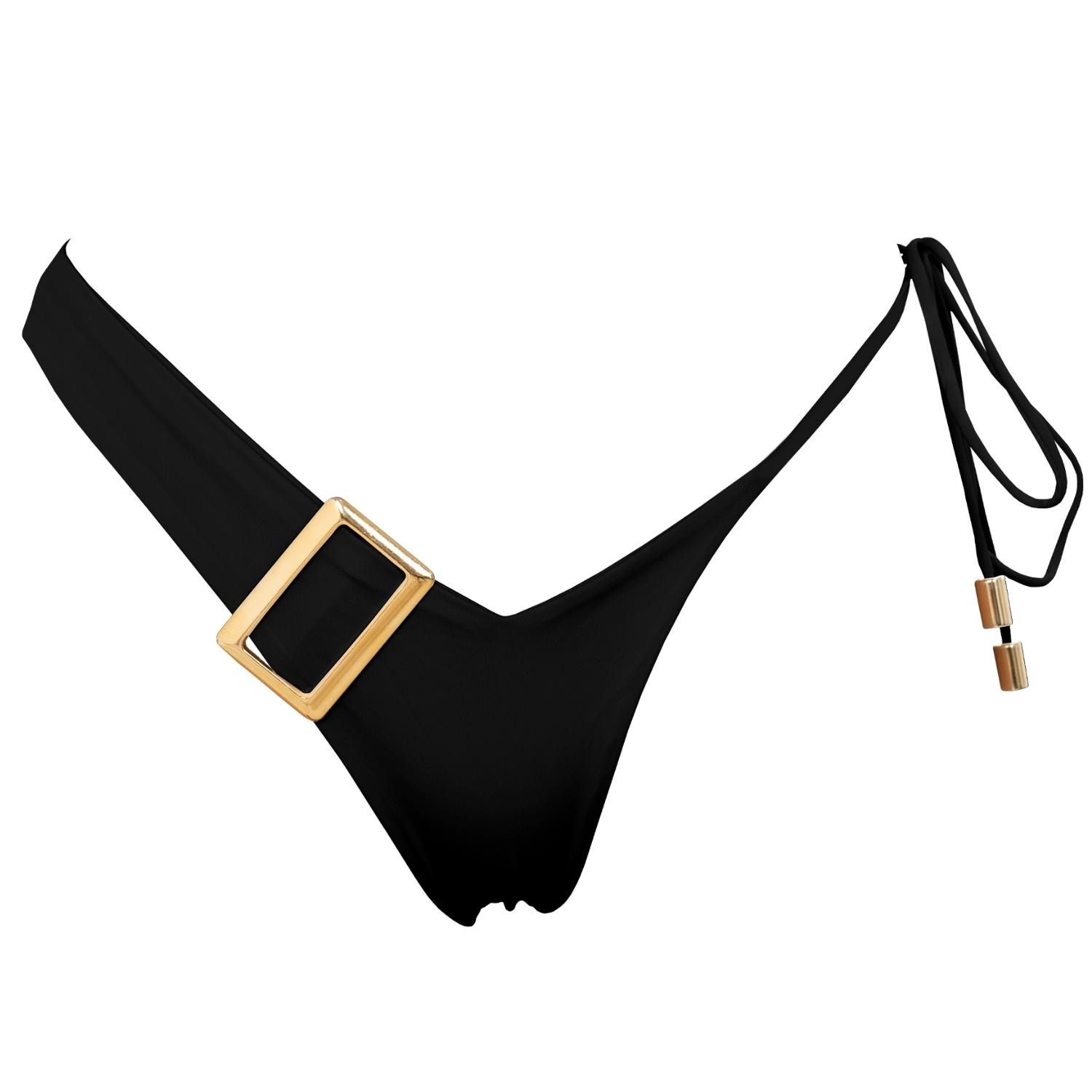 Dulcet Double Layered Asymmetric Bikini Bottom With Golden Details In Black