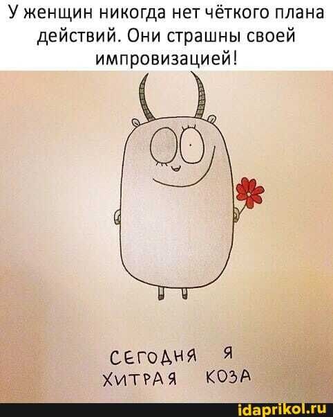 У женщин никогда нет чёткого плана действий. Они страшны своей импровизацией! СЕГОДНЯ Я КОЗА – АйДаПрикол У женщин никогда нет чёткого плана действий. Они страшны своей импровизацией! СЕГОДНЯ Я КОЗА – АйДаПрикол