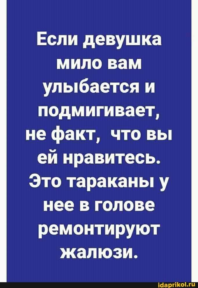 Если девушка мило вам улыбается и подмигивает, не факт, что вы ей нравитесь. Это тараканы у нее в голове ремонтируют жалюзи. – АйДаПрикол Если девушка мило вам улыбается и подмигивает, не факт, что вы ей нравитесь. Это тараканы у нее в голове ремонтируют жалюзи. – АйДаПрикол