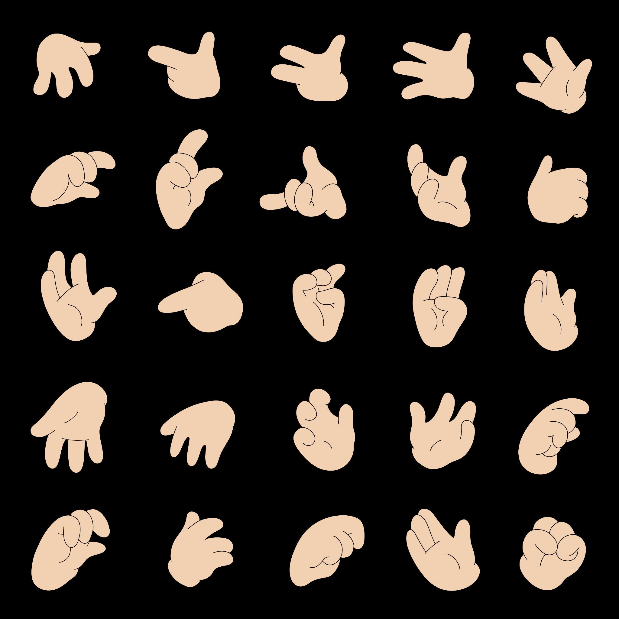 Dynamic Digital Four-Finger Cartoon Hand Pack – 4 x Couleurs – Disponible en Illustrator, Photoshop et PNG
