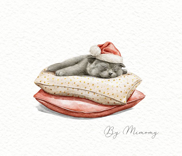 Watercolor Christmas little cat kitten character sleeps on pillows