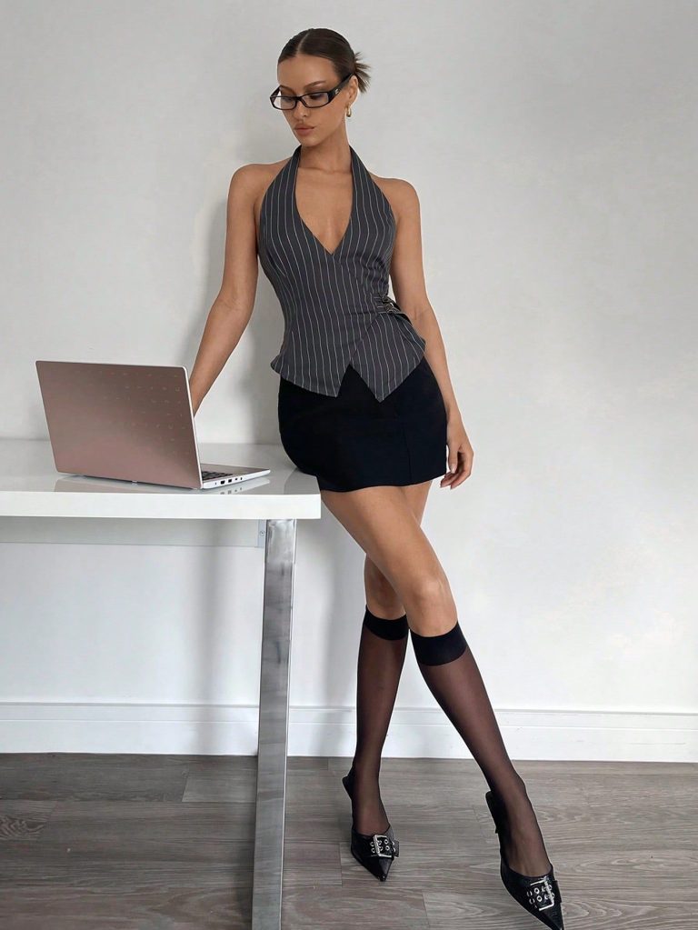Débardeur femme col ras-du-cou rayé, Top avec double ceinture, Top ajusté sans manches, tenue de bureau, Top décontracté Débardeur femme col ras-du-cou rayé, Top avec double ceinture, Top ajusté sans manches, tenue de bureau, Top décontracté