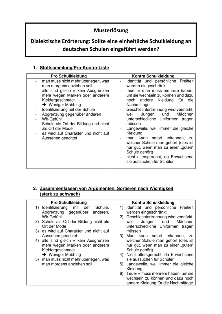 Musterlösung dialektische Erörterung: Schulkleidung Musterlösung dialektische Erörterung: Schulkleidung