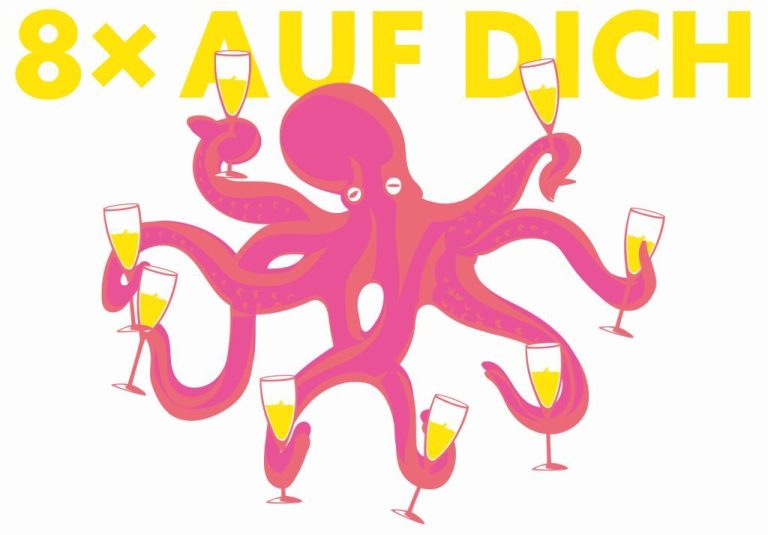 Doppelkarte: 8x auf dich – Oktopus mit Sektgläsern in Neon