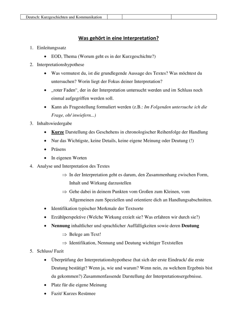 Leitfaden Interpretation von Kurzgeschichten Leitfaden Interpretation von Kurzgeschichten