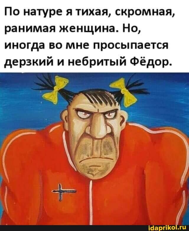 По натуре я тихая, скромная, ранимая женщина. Но, иногда во мне просыпается дерзкий и небритый Фёдор. – АйДаПрикол По натуре я тихая, скромная, ранимая женщина. Но, иногда во мне просыпается дерзкий и небритый Фёдор. – АйДаПрикол