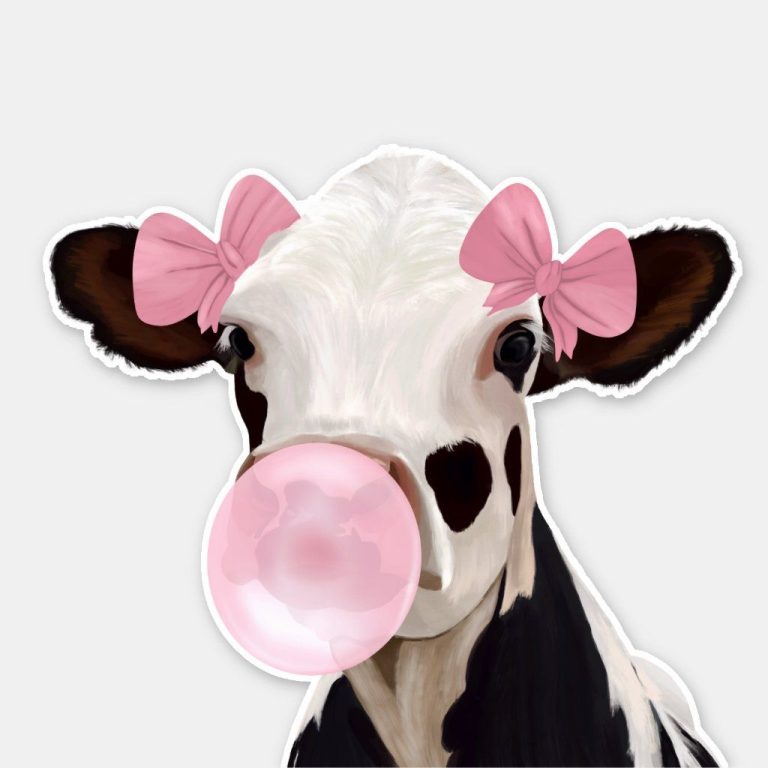 Cute Girly Pink Bubblegum Blowing Cow  Sticker | Zazzle