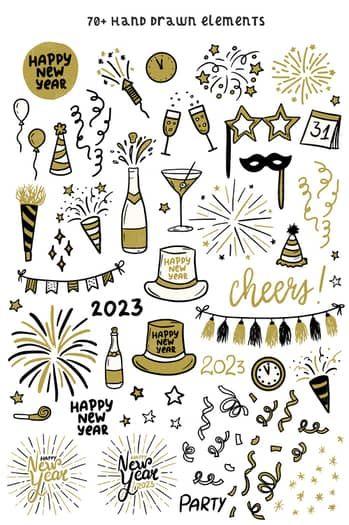 New Year’s Eve Art. Hand Drawn Happy New Year Celebration Clip Art. New Year’s Eve Art. Hand Drawn Happy New Year Celebration Clip Art.