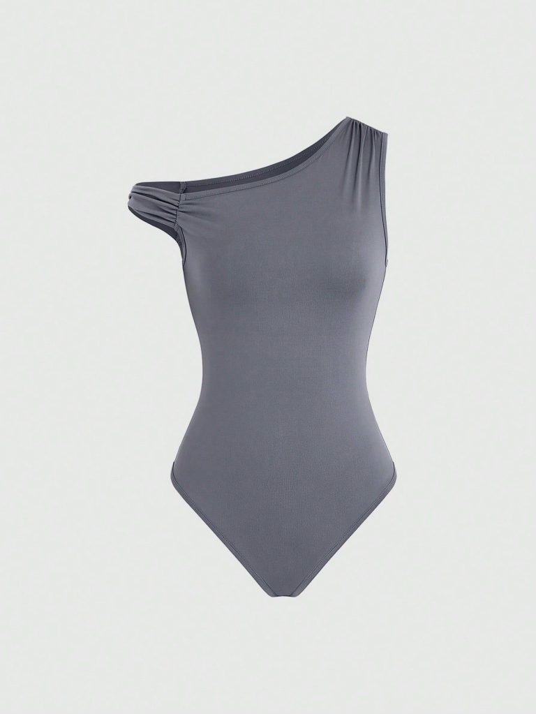 女性用 ソリッドカラー オープンショルダー ボディコンボディスーツ プリーツ付き、夏用 女性用 ソリッドカラー オープンショルダー ボディコンボディスーツ プリーツ付き、夏用