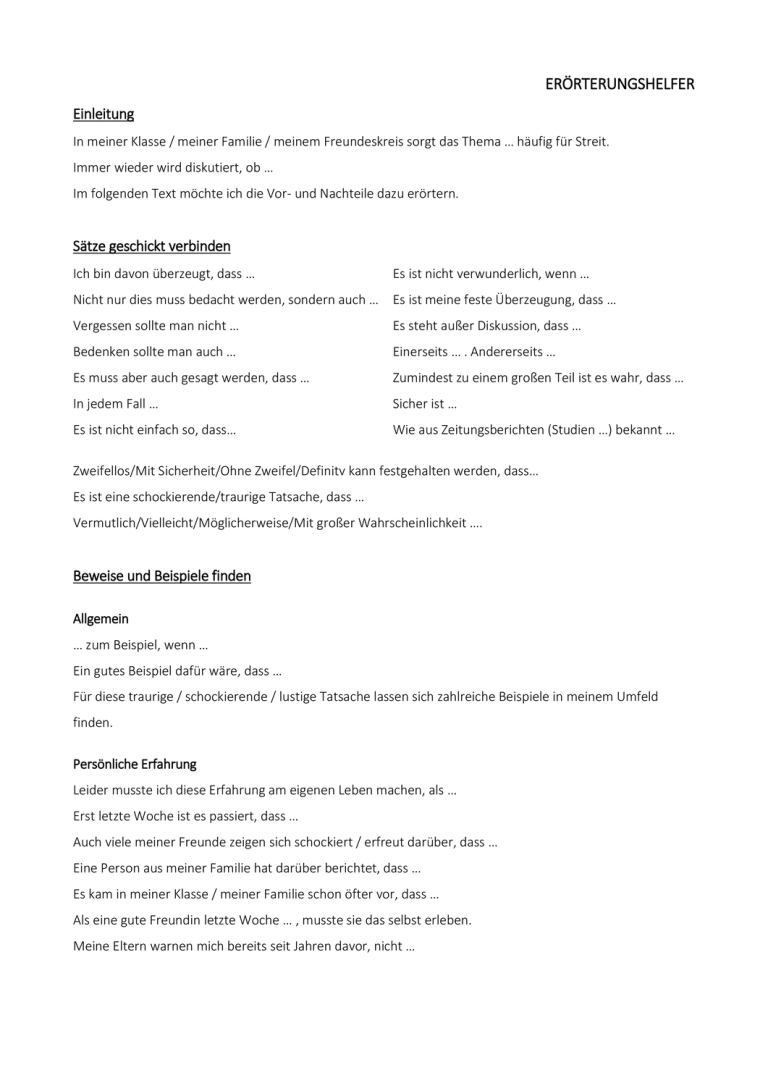Erörterung (Hilfestellung und Gliederung) Erörterung (Hilfestellung und Gliederung)