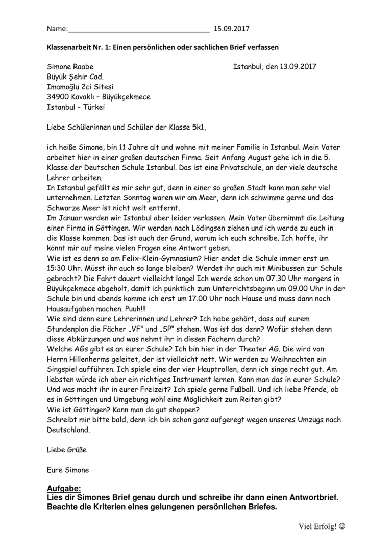 Klassenarbeit Brief schreiben Klassenarbeit Brief schreiben
