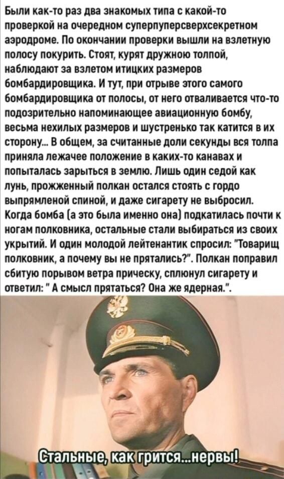 Были как-то раз два знакомых типа с какой-то проверкой на очередном суперпуперсверхсекретном аэродроме. По окончании проверки вышли на взлетную полосу покурить. Стоят, курят дружною толпой, наблюдают за взлетом итицких размеров бомбардировщика. И тут, при отрыве этого самого бомбардировщика от полосы, от него отваливается что-то подозрительно напоминающее авиационную бомбу, весьма нехилых размеров и шустренько так катится их сторону… В общем, за считанные доли секунды вся толпа приняла лежачее положение в каких-то канавах и попыталась зарыться в землю. Лишь один седой как лунь, прожженный полкан остался стоять с гордо выпрямленой спиной, и даже сигарету не выбросил. Когда бомба (а это была именно она) подкатилась почти к ногам полковника, остальные стали выбираться из своих укрытий. И один молодой лейтенантик спросил: “Товарищ полковник, а почему вы не прятались?”. Полкан поправил сбитую порывом ветра прическу, сплюнул сигарету и ответил: ” А смысл прятаться? Она же ядерная.”. Стальные. как грится…нервь! – АйДаПрикол Были как-то раз два знакомых типа с какой-то проверкой на очередном суперпуперсверхсекретном аэродроме. По окончании проверки вышли на взлетную полосу покурить. Стоят, курят дружною толпой, наблюдают за взлетом итицких размеров бомбардировщика. И тут, при отрыве этого самого бомбардировщика от полосы, от него отваливается что-то подозрительно напоминающее авиационную бомбу, весьма нехилых размеров и шустренько так катится их сторону… В общем, за считанные доли секунды вся толпа приняла лежачее положение в каких-то канавах и попыталась зарыться в землю. Лишь один седой как лунь, прожженный полкан остался стоять с гордо выпрямленой спиной, и даже сигарету не выбросил. Когда бомба (а это была именно она) подкатилась почти к ногам полковника, остальные стали выбираться из своих укрытий. И один молодой лейтенантик спросил: “Товарищ полковник, а почему вы не прятались?”. Полкан поправил сбитую порывом ветра прическу, сплюнул сигарету и ответил: ” А смысл прятаться? Она же ядерная.”. Стальные. как грится…нервь! – АйДаПрикол