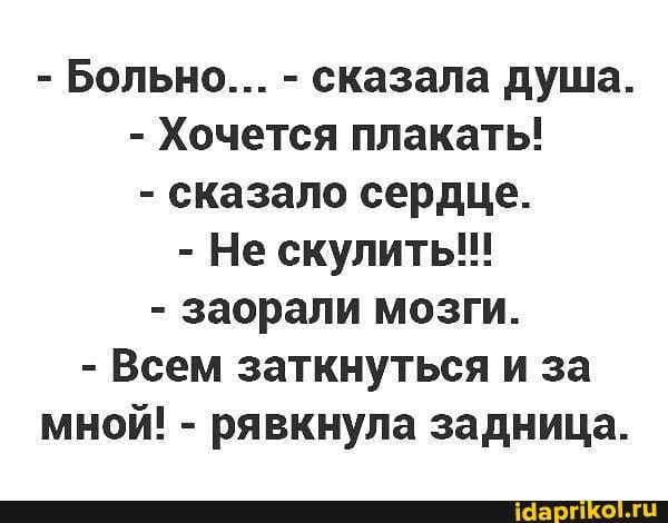 – БОльно… – сказала душа. – Хочется плакать! – сказало сердце. – Не скулиты!! – заорали мозги. – Всем заткнуться и за мной! – рявкнула задница. – АйДаПрикол – БОльно… – сказала душа. – Хочется плакать! – сказало сердце. – Не скулиты!! – заорали мозги. – Всем заткнуться и за мной! – рявкнула задница. – АйДаПрикол